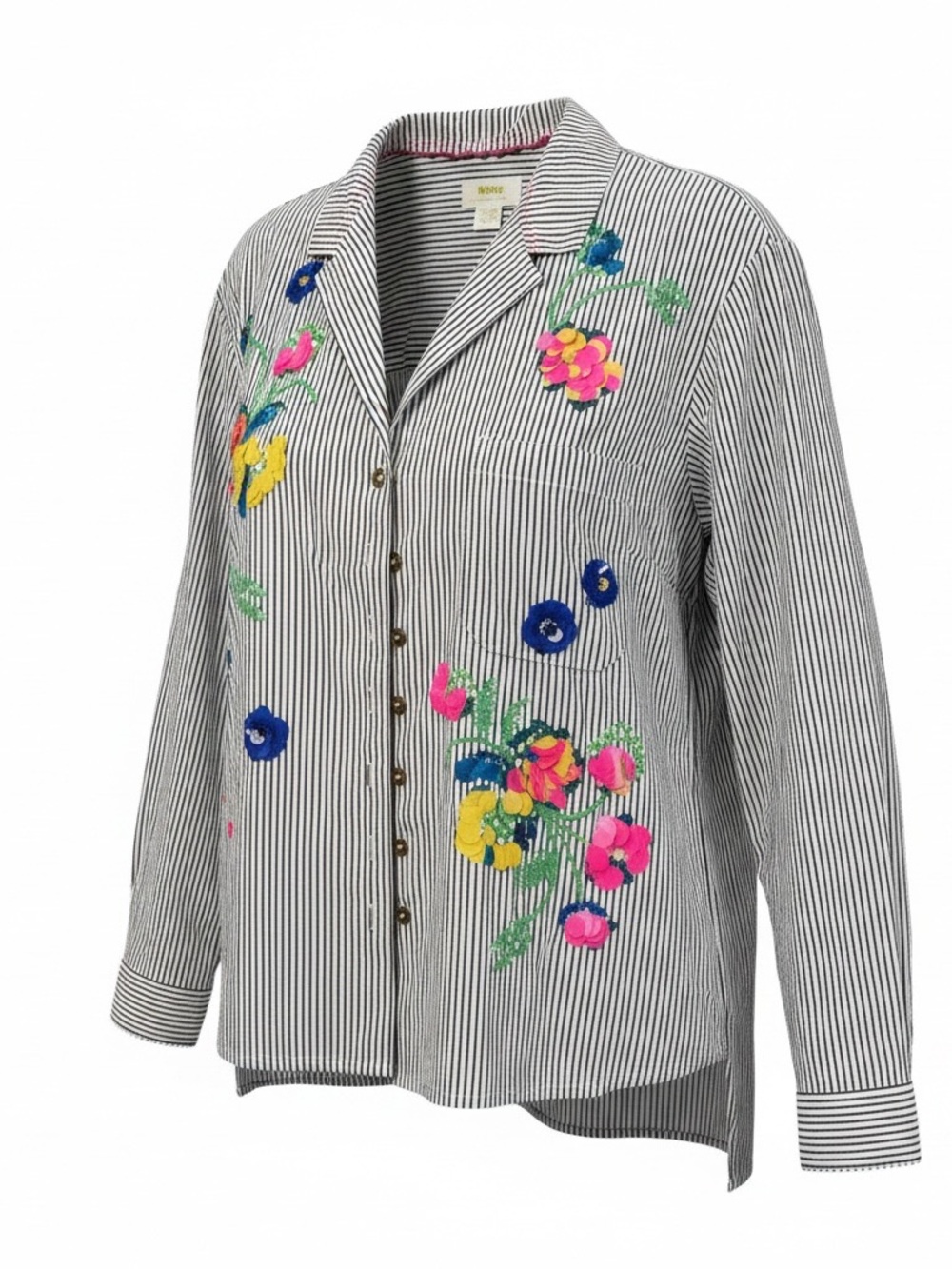 Anthropologie Navy and White Striped Embroidered Floral Button-Front Jacket